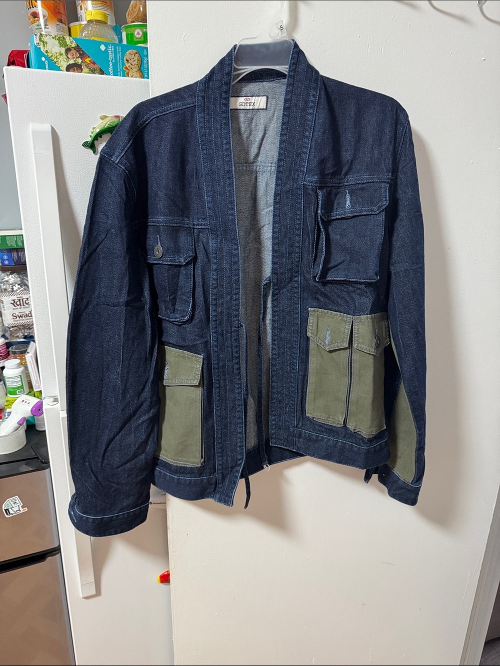 Men's Dark Blue Denim Field Jacket with Olive Green Utility Pockets